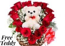 20 Red Roses Heart in a Basket with Free Teddy